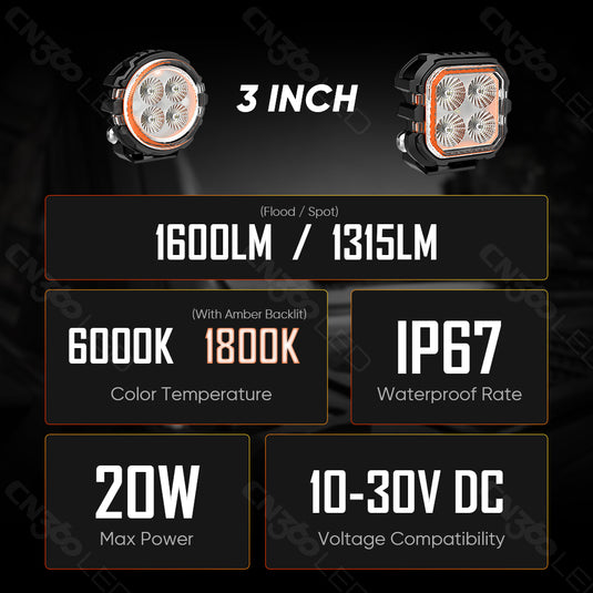3 Inches LED Work Lights with 3D Halo DRL Backlit