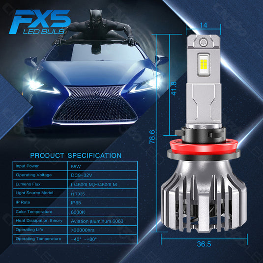 FX5 Series H4 55W 4500LM LED Headlight Bulb