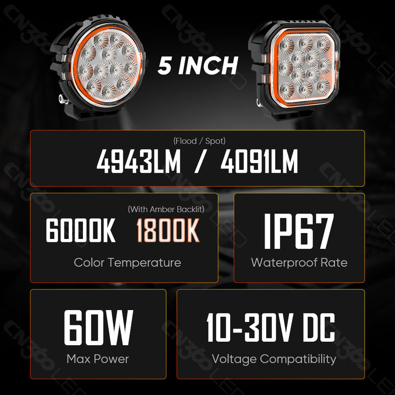 Load image into Gallery viewer, 5 Inches LED Work Lights with 3D Halo DRL Backlit
