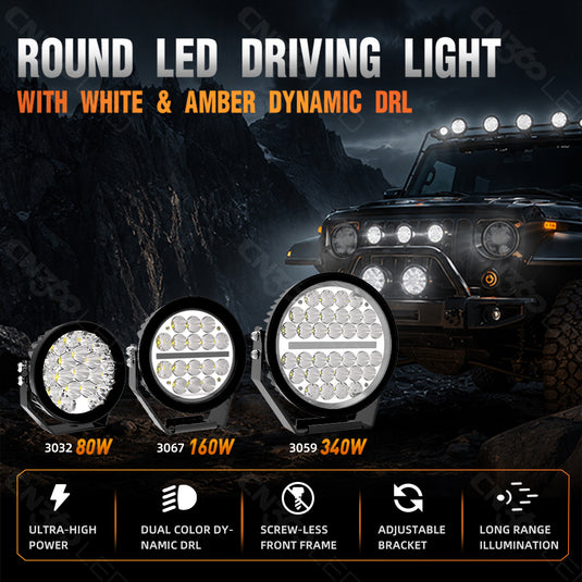 160W Round LED Auxiliary Light with Dynamic White & Amber DRL